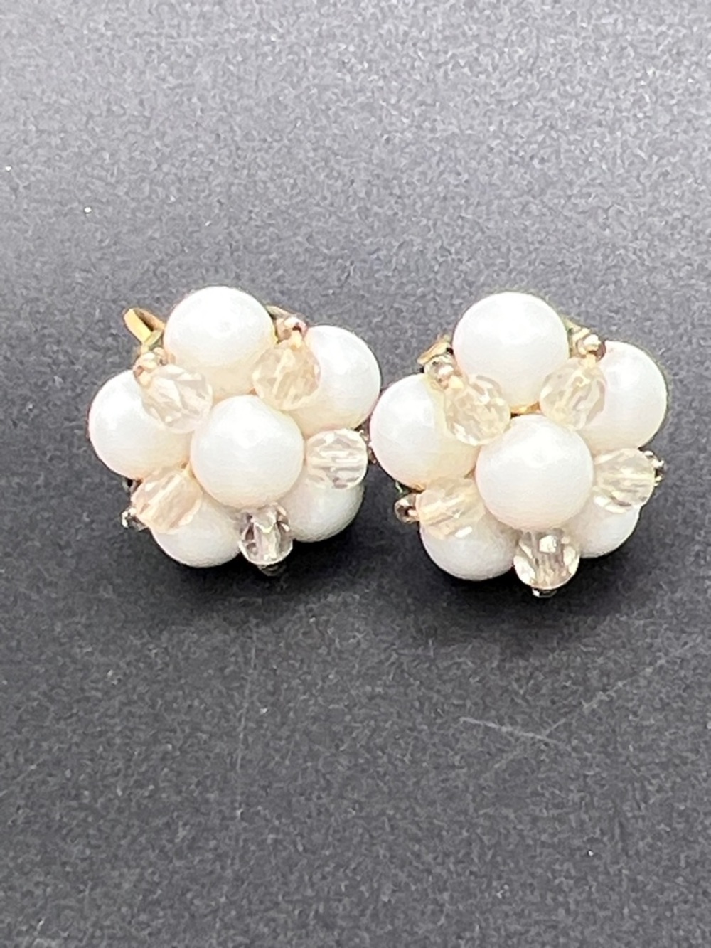 Vintage White Pearl Cluster Earrings with Clear Crystal Accents
